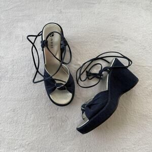 9 West Wedge Sandals Womens Size 7 Blue Denim Strappy Lace Up Casual Summer